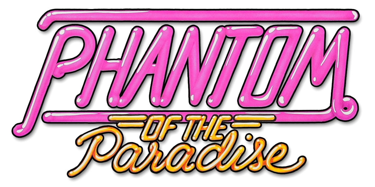 An illustration of pink and yellow neon lettering that reads 'Phantom of the Paradise.'